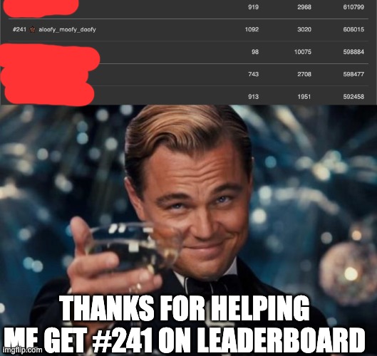 THANKS FOR HELPING ME GET #241 ON LEADERBOARD | image tagged in memes,leonardo dicaprio cheers | made w/ Imgflip meme maker