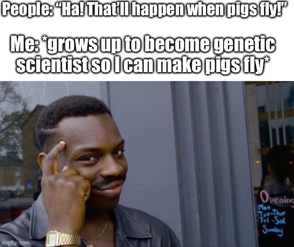 When they say something will happen when pigs fly- | People: “Ha! That’ll happen when pigs fly!”; Me: *grows up to become genetic scientist so I can make pigs fly* | image tagged in blank white template,memes,roll safe think about it,pigs fly,science,i wish | made w/ Imgflip meme maker