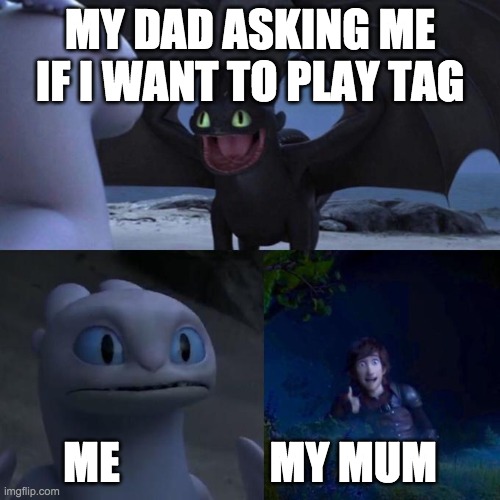 Toothless presents himself | MY DAD ASKING ME IF I WANT TO PLAY TAG; ME                 MY MUM | image tagged in toothless presents himself | made w/ Imgflip meme maker