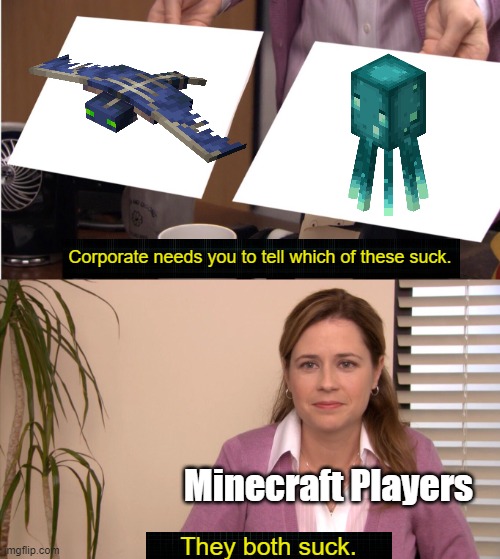 Nobody likes the phantom and glow squid. | Corporate needs you to tell which of these suck. Minecraft Players; They both suck. | image tagged in memes,they're the same picture | made w/ Imgflip meme maker