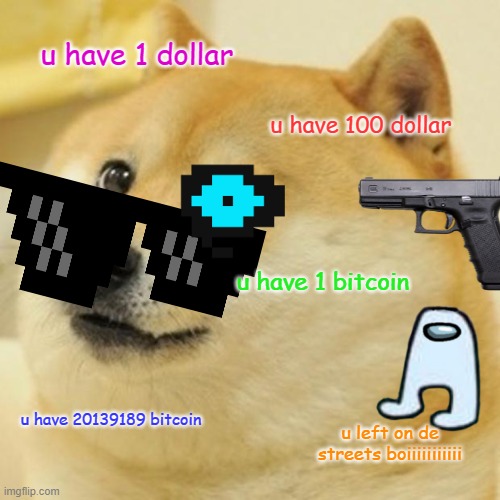 Doge | u have 1 dollar; u have 100 dollar; u have 1 bitcoin; u have 20139189 bitcoin; u left on de streets boiiiiiiiiiii | image tagged in memes,doge | made w/ Imgflip meme maker