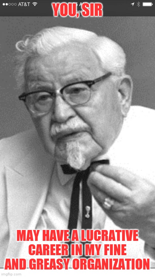 YOU, SIR MAY HAVE A LUCRATIVE CAREER IN MY FINE AND GREASY ORGANIZATION | image tagged in colonel sanders | made w/ Imgflip meme maker