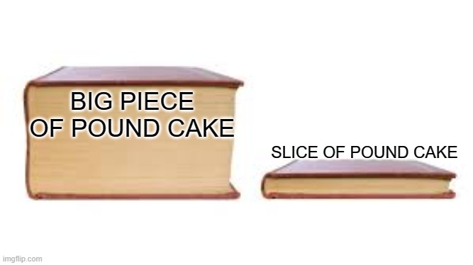 Big book small book | BIG PIECE OF POUND CAKE; SLICE OF POUND CAKE | image tagged in big book small book,totally looks like | made w/ Imgflip meme maker