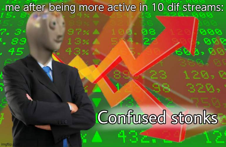 Confused Stonks | me after being more active in 10 dif streams: | image tagged in confused stonks | made w/ Imgflip meme maker