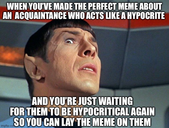 Anxious Spock | WHEN YOU’VE MADE THE PERFECT MEME ABOUT AN  ACQUAINTANCE WHO ACTS LIKE A HYPOCRITE; AND YOU’RE JUST WAITING FOR THEM TO BE HYPOCRITICAL AGAIN SO YOU CAN LAY THE MEME ON THEM | image tagged in anxious spock | made w/ Imgflip meme maker
