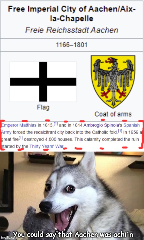 For Thirty Years... | You could say that Aachen was achi'n | image tagged in pun dog - husky,historical meme,memes | made w/ Imgflip meme maker