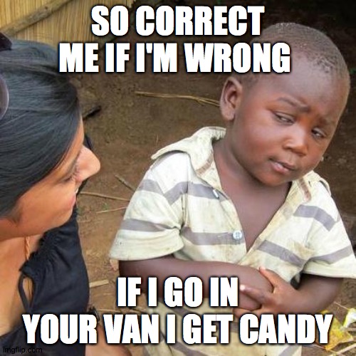 Third World Skeptical Kid | SO CORRECT ME IF I'M WRONG; IF I GO IN YOUR VAN I GET CANDY | image tagged in memes,third world skeptical kid | made w/ Imgflip meme maker
