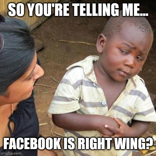 Third World Skeptical Kid Meme | SO YOU'RE TELLING ME... FACEBOOK IS RIGHT WING? | image tagged in memes,third world skeptical kid | made w/ Imgflip meme maker