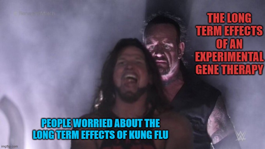 AJ Styles & Undertaker | THE LONG TERM EFFECTS OF AN EXPERIMENTAL GENE THERAPY; PEOPLE WORRIED ABOUT THE LONG TERM EFFECTS OF KUNG FLU | image tagged in aj styles undertaker | made w/ Imgflip meme maker