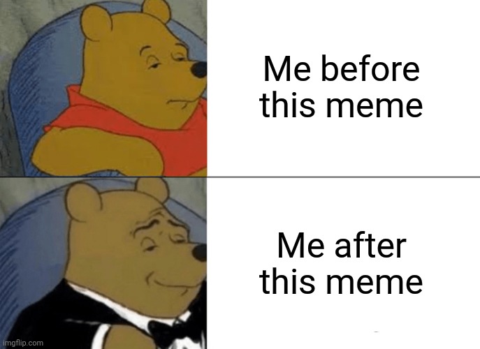 Tuxedo Winnie The Pooh Meme | Me before this meme Me after this meme | image tagged in memes,tuxedo winnie the pooh | made w/ Imgflip meme maker