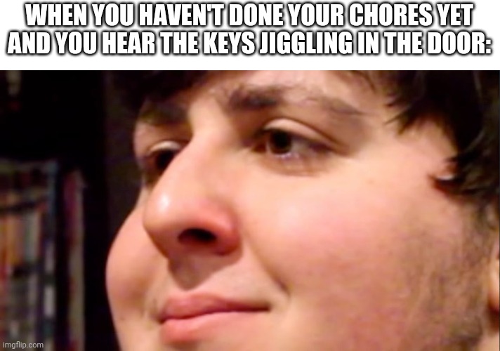 SHIT | WHEN YOU HAVEN'T DONE YOUR CHORES YET AND YOU HEAR THE KEYS JIGGLING IN THE DOOR: | image tagged in jontron internal screaming | made w/ Imgflip meme maker