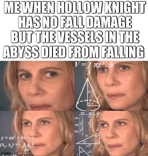 ME WHEN HOLLOW KNIGHT HAS NO FALL DAMAGE BUT THE VESSELS IN THE ABYSS DIED FROM FALLING | image tagged in white background,math lady/confused lady | made w/ Imgflip meme maker