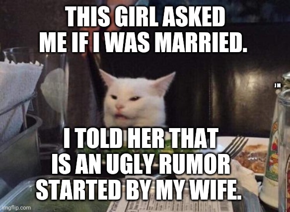 Salad cat | THIS GIRL ASKED ME IF I WAS MARRIED. J M; I TOLD HER THAT IS AN UGLY RUMOR STARTED BY MY WIFE. | image tagged in salad cat | made w/ Imgflip meme maker