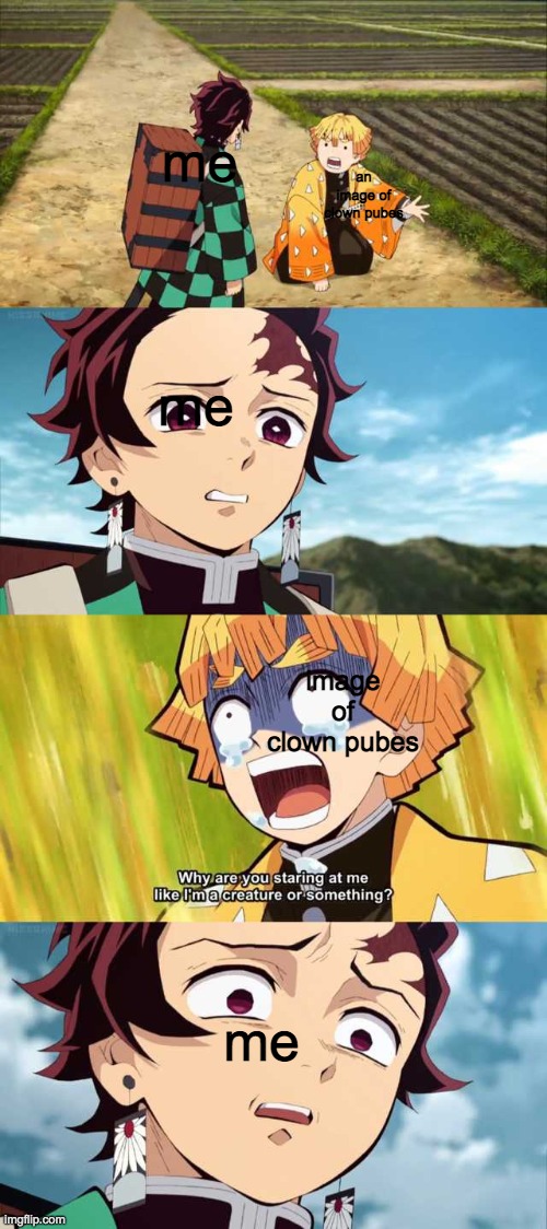 demon slayer eugh | me; an image of clown pubes; me; image of clown pubes; me | image tagged in demon slayer eugh | made w/ Imgflip meme maker