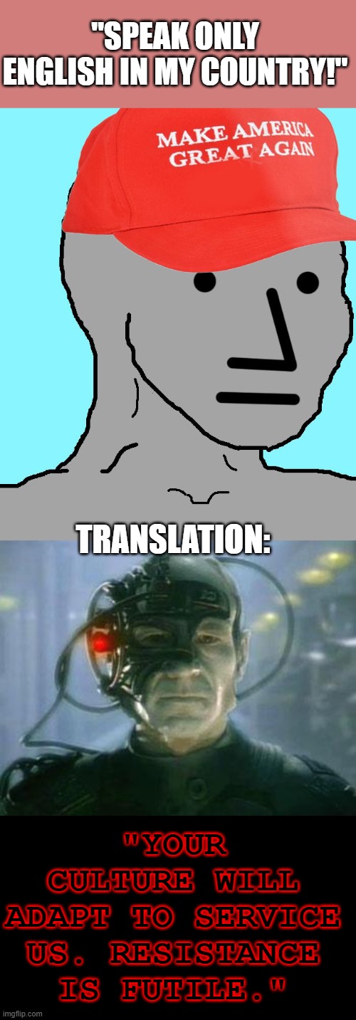 And we are the "Assimilators?" Please. | "SPEAK ONLY ENGLISH IN MY COUNTRY!"; TRANSLATION:; "YOUR CULTURE WILL ADAPT TO SERVICE US. RESISTANCE IS FUTILE." | image tagged in maga npc,the borg | made w/ Imgflip meme maker