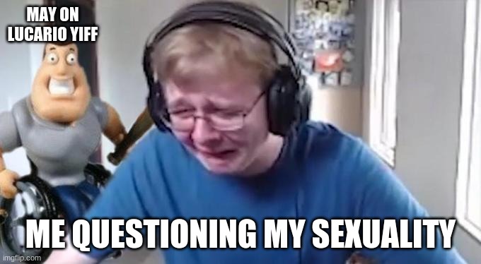 CallMeCarson Crying Next to Joe Swanson | MAY ON LUCARIO YIFF; ME QUESTIONING MY SEXUALITY | image tagged in callmecarson crying next to joe swanson | made w/ Imgflip meme maker