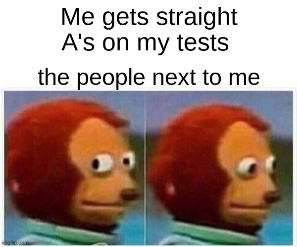 School | Me gets straight A's on my tests; the people next to me | image tagged in memes,monkey puppet | made w/ Imgflip meme maker