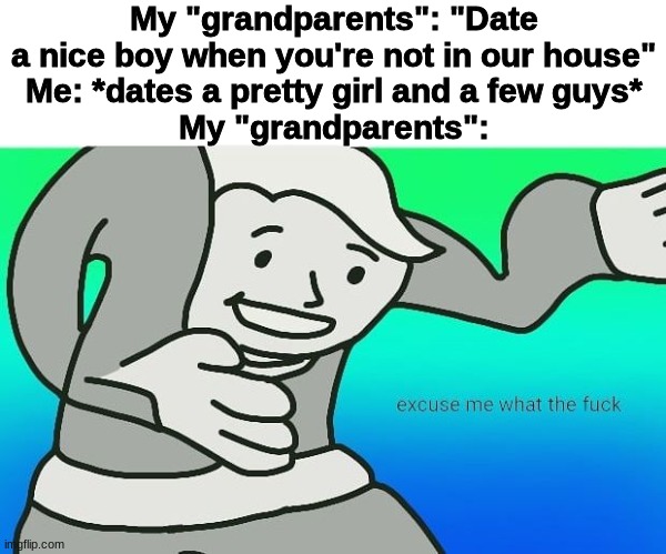 Keep in mind that my "grandparents" are homophobic | My "grandparents": "Date a nice boy when you're not in our house"
Me: *dates a pretty girl and a few guys*
My "grandparents": | image tagged in fallout boy excuse me wyf | made w/ Imgflip meme maker