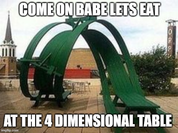 Table |  COME ON BABE LETS EAT; AT THE 4 DIMENSIONAL TABLE | image tagged in picnic,funny | made w/ Imgflip meme maker