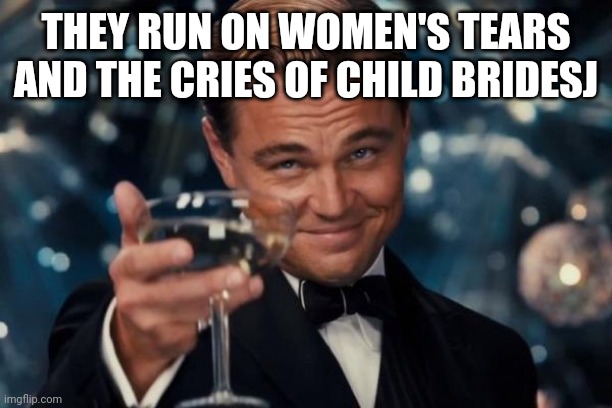 Leonardo Dicaprio Cheers Meme | THEY RUN ON WOMEN'S TEARS AND THE CRIES OF CHILD BRIDESJ | image tagged in memes,leonardo dicaprio cheers | made w/ Imgflip meme maker