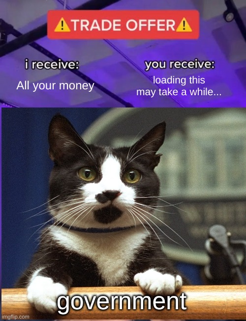 goverment cat | All your money; loading this may take a while... government | image tagged in government,cat | made w/ Imgflip meme maker