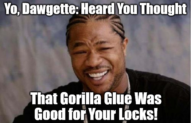 HairRaising Fallout | Yo, Dawgette: Heard You Thought; That Gorilla Glue Was
Good for Your Locks! | image tagged in memes,yo dawg heard you,gorilla glue,bad hair day,diy fails,dawgette | made w/ Imgflip meme maker