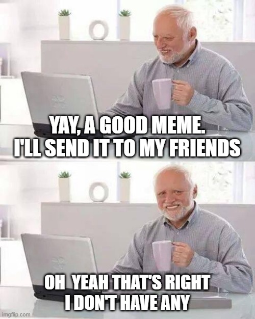 :( no fwiends | YAY, A GOOD MEME. I'LL SEND IT TO MY FRIENDS; OH  YEAH THAT'S RIGHT
I DON'T HAVE ANY | image tagged in memes,hide the pain harold | made w/ Imgflip meme maker
