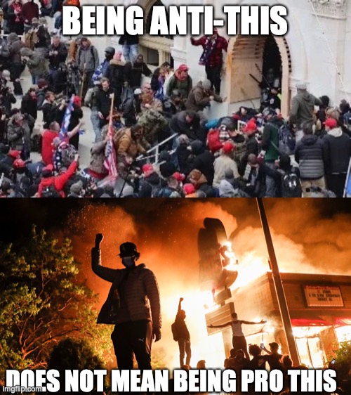 BEING ANTI-THIS DOES NOT MEAN BEING PRO THIS | image tagged in maga riot,blm riots | made w/ Imgflip meme maker