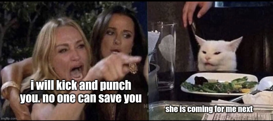 dena barsky and butch | i will kick and punch you. no one can save you; she is coming for me next | image tagged in karen carpenter and smudge cat | made w/ Imgflip meme maker