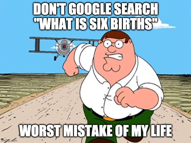 Peter Griffin running away | DON'T GOOGLE SEARCH "WHAT IS SIX BIRTHS"; WORST MISTAKE OF MY LIFE | image tagged in peter griffin running away | made w/ Imgflip meme maker