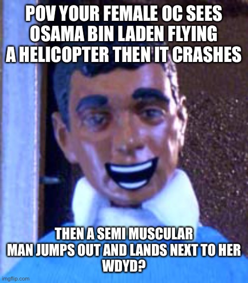 Don’t kill him, he’s a good guy, also it’s probably romantic idk | POV YOUR FEMALE OC SEES OSAMA BIN LADEN FLYING A HELICOPTER THEN IT CRASHES; THEN A SEMI MUSCULAR MAN JUMPS OUT AND LANDS NEXT TO HER
WDYD? | image tagged in what a twist | made w/ Imgflip meme maker