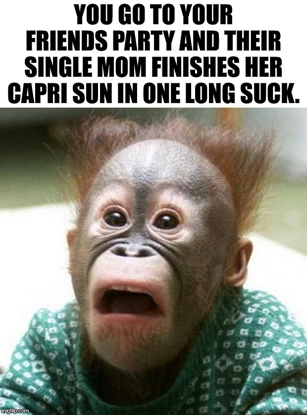 OMG | YOU GO TO YOUR FRIENDS PARTY AND THEIR SINGLE MOM FINISHES HER CAPRI SUN IN ONE LONG SUCK. | image tagged in shocked monkey,omg,dark humor | made w/ Imgflip meme maker