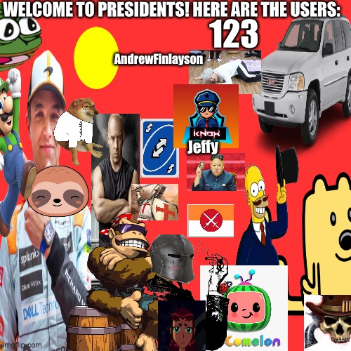 If I missed any, repost it with the additional users. I’ll give a description of the characters in the comments | WELCOME TO PRESIDENTS! HERE ARE THE USERS:; 123; AndrewFinlayson; Jeffy | image tagged in memes,blank transparent square | made w/ Imgflip meme maker