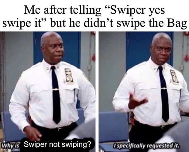 S a d | Me after telling “Swiper yes swipe it” but he didn’t swipe the Bag; Swiper not swiping? | image tagged in captain holt | made w/ Imgflip meme maker