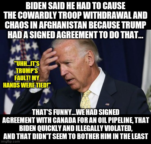 Who else has noticed Biden shows his belly to enemies and the middle finger to allies? | BIDEN SAID HE HAD TO CAUSE THE COWARDLY TROOP WITHDRAWAL AND CHAOS IN AFGHANISTAN BECAUSE TRUMP HAD A SIGNED AGREEMENT TO DO THAT... "UHH...IT'S TRUMP'S FAULT! MY HANDS WERE TIED!"; THAT'S FUNNY...WE HAD SIGNED AGREEMENT WITH CANADA FOR AN OIL PIPELINE, THAT BIDEN QUICKLY AND ILLEGALLY VIOLATED, AND THAT DIDN'T SEEM TO BOTHER HIM IN THE LEAST | image tagged in joe biden worries,failure,democratic party,liberals,stupid people | made w/ Imgflip meme maker