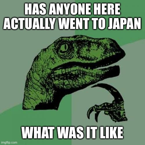 Philosoraptor | HAS ANYONE HERE ACTUALLY WENT TO JAPAN; WHAT WAS IT LIKE | image tagged in memes,philosoraptor | made w/ Imgflip meme maker
