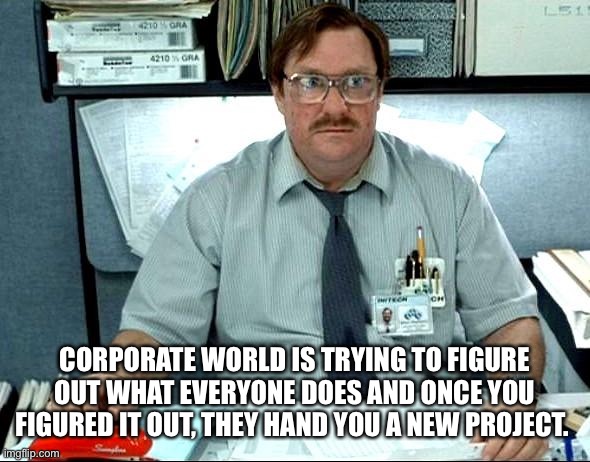 I Was Told There Would Be |  CORPORATE WORLD IS TRYING TO FIGURE OUT WHAT EVERYONE DOES AND ONCE YOU FIGURED IT OUT, THEY HAND YOU A NEW PROJECT. | image tagged in memes,i was told there would be | made w/ Imgflip meme maker