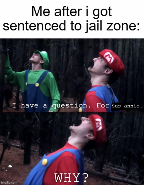 Mod note from Gru: You are here for commiting the crime of posting hentai on the KillAnime stream, and dont call me Sus Annie. | Me after i got sentenced to jail zone:; Sus annie. | image tagged in i have a question for god | made w/ Imgflip meme maker