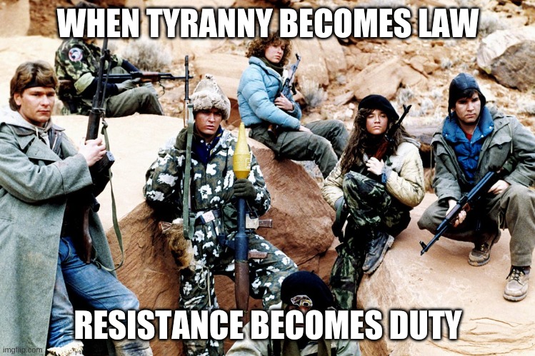 red dawn | WHEN TYRANNY BECOMES LAW; RESISTANCE BECOMES DUTY | image tagged in red dawn | made w/ Imgflip meme maker