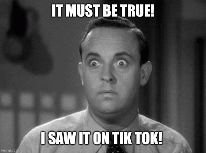 shocked face | IT MUST BE TRUE! I SAW IT ON TIK TOK! | image tagged in shocked face | made w/ Imgflip meme maker