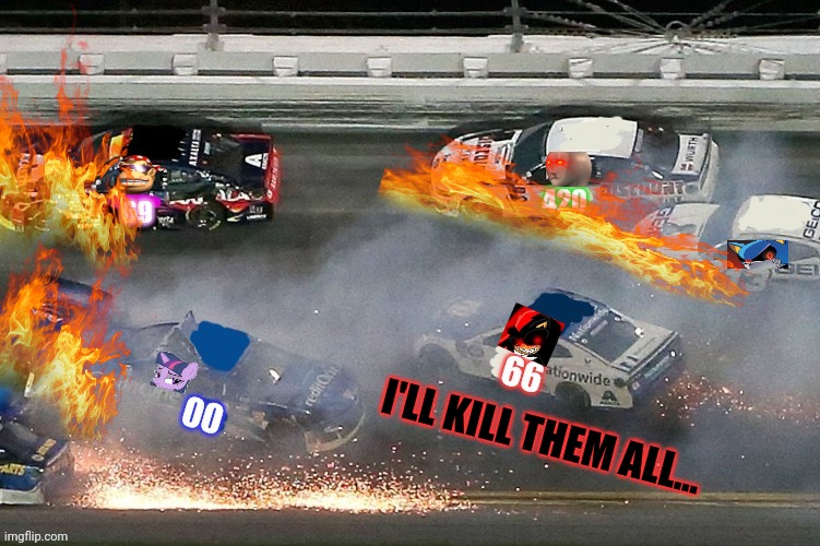 Shadow.exe causes NASCAR crashes just for fun! |  I'LL KILL THEM ALL... | image tagged in nascar,crashes,racing,sports,shadow the hedgehog,kill em all | made w/ Imgflip meme maker