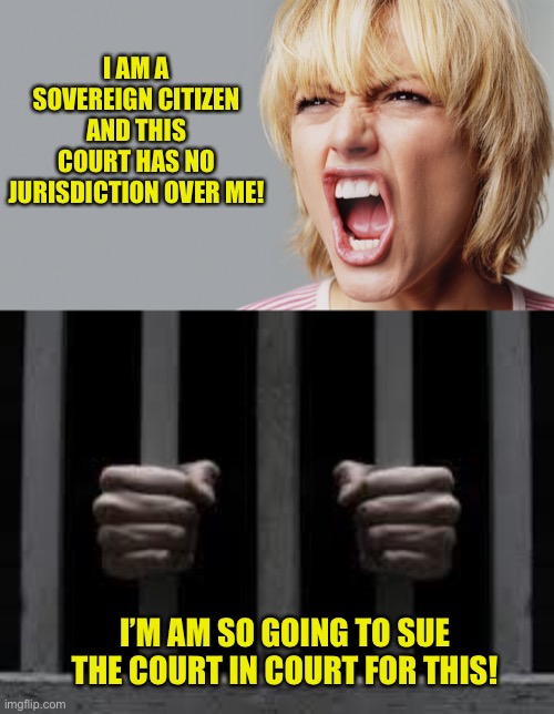 Another right wing group that believes they are above the law, but you better do what they say | I AM A SOVEREIGN CITIZEN AND THIS COURT HAS NO JURISDICTION OVER ME! I’M AM SO GOING TO SUE THE COURT IN COURT FOR THIS! | image tagged in angry woman yelling,jail | made w/ Imgflip meme maker