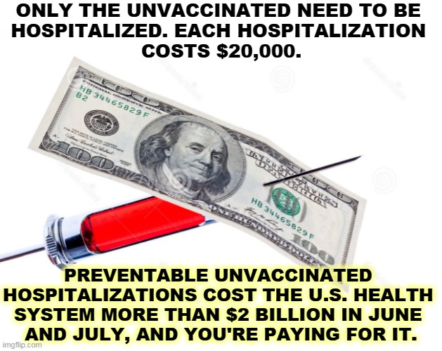 The unvaccinated are killing our economic recovery. | ONLY THE UNVACCINATED NEED TO BE 
HOSPITALIZED. EACH HOSPITALIZATION 
COSTS $20,000. PREVENTABLE UNVACCINATED 
HOSPITALIZATIONS COST THE U.S. HEALTH 
SYSTEM MORE THAN $2 BILLION IN JUNE 
AND JULY, AND YOU'RE PAYING FOR IT. | image tagged in pandemic,covid-19,anti vax,kill,economy | made w/ Imgflip meme maker