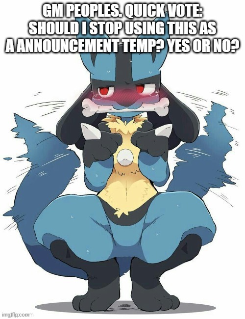 Lucario | GM PEOPLES. QUICK VOTE: SHOULD I STOP USING THIS AS A ANNOUNCEMENT TEMP? YES OR NO? | image tagged in lucario | made w/ Imgflip meme maker