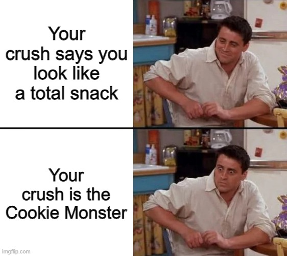 total snack | Your crush says you look like a total snack; Your crush is the Cookie Monster | image tagged in surprised joey,memes | made w/ Imgflip meme maker