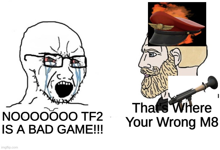 Soyboy Vs Yes Chad | That's Where Your Wrong M8; NOOOOOOO TF2 IS A BAD GAME!!! | image tagged in soyboy vs yes chad | made w/ Imgflip meme maker