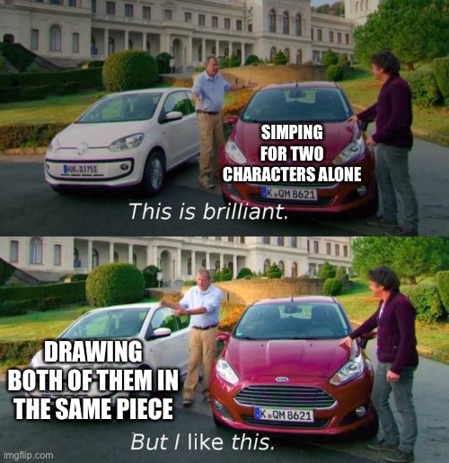 Me all the time | SIMPING FOR TWO CHARACTERS ALONE; DRAWING BOTH OF THEM IN THE SAME PIECE | image tagged in this is brilliant but i like this | made w/ Imgflip meme maker