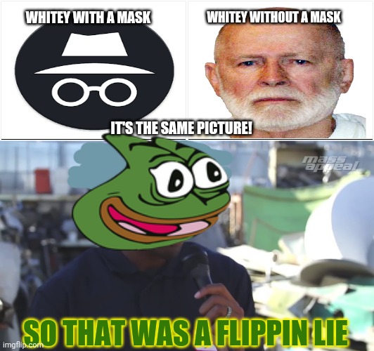 WHITEY WITH A MASK WHITEY WITHOUT A MASK IT'S THE SAME PICTURE! SO THAT WAS A FLIPPIN LIE | image tagged in memes,blank comic panel 2x1,so that was a lie censored | made w/ Imgflip meme maker