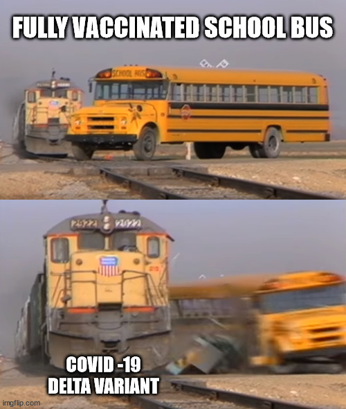 A train hitting a school bus | FULLY VACCINATED SCHOOL BUS; COVID -19 DELTA VARIANT | image tagged in a train hitting a school bus | made w/ Imgflip meme maker