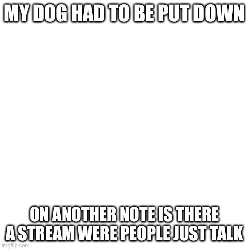 Blank Transparent Square |  MY DOG HAD TO BE PUT DOWN; ON ANOTHER NOTE IS THERE A STREAM WERE PEOPLE JUST TALK | image tagged in memes,blank transparent square | made w/ Imgflip meme maker